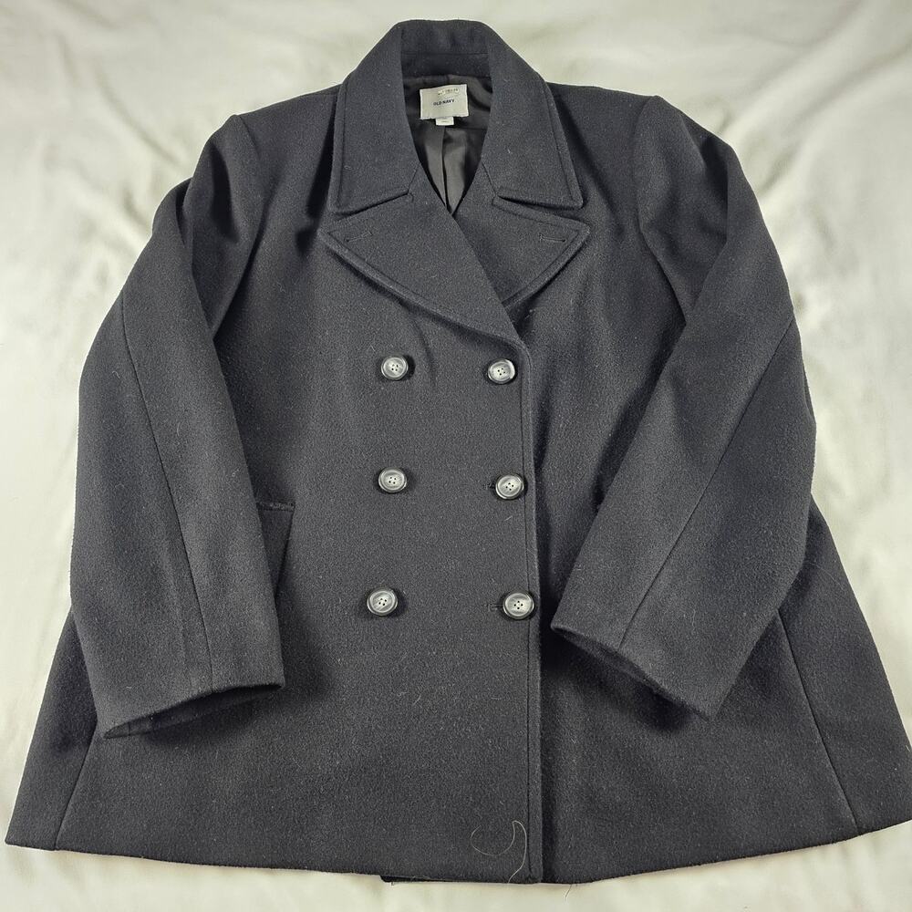 Old Navy Coat Womens 2XL Black Wool Blend Peacoat Jacket Double Breasted Classic
